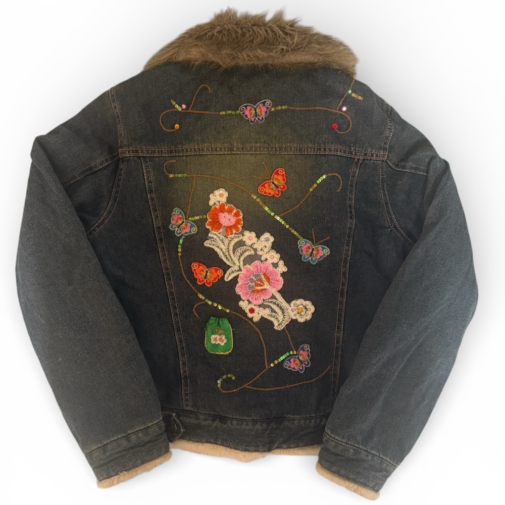 Vintage 90s Fur Denim Jacket Small Embroidered Patches, Beads Floral Butterfly - Picture 3 of 13